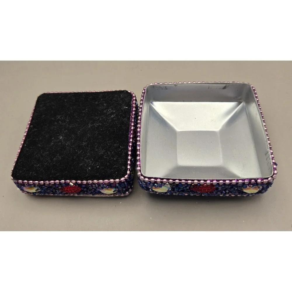 Mini Purple Tin Trinket Box Purple Beading Jeweled Vintage Pier One Imports B#36